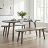 Gray solid wood farmhouse dining bench with rubber wood legs, ideal for small spaces and versatile seating options.