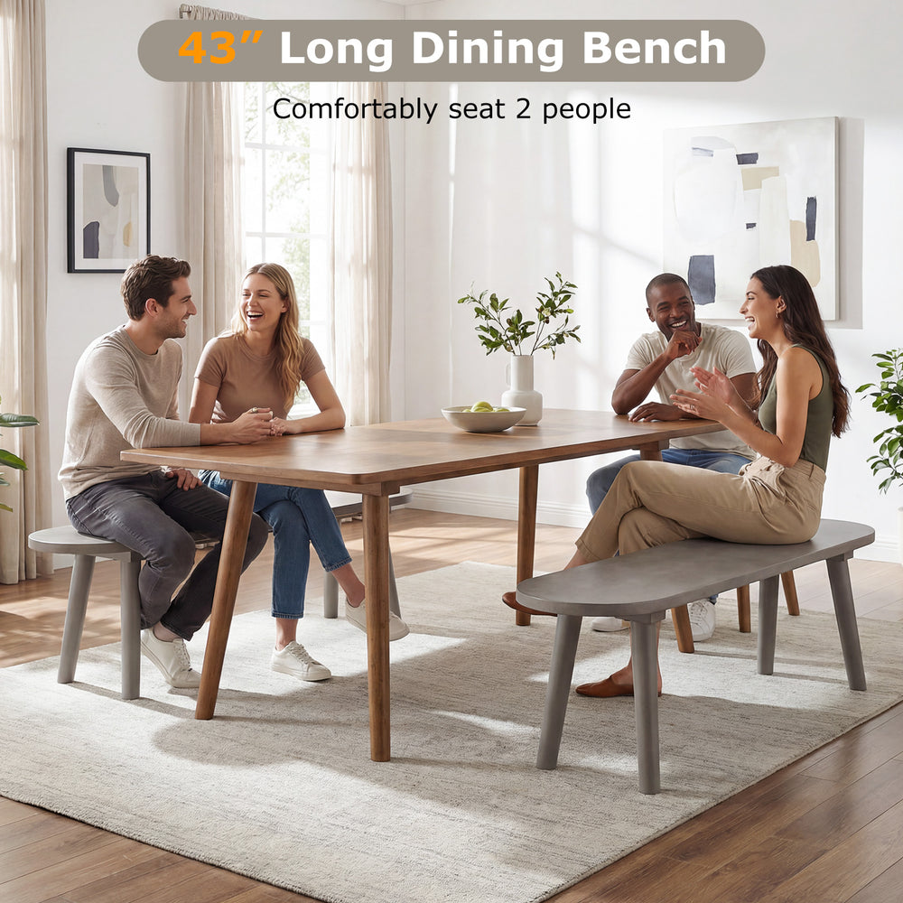 43-inch gray farmhouse dining bench with rubber wood legs, comfortably seats 2 people, ideal for small spaces.