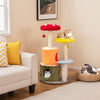 Multicolor 43-inch tall cat tree with two condos, padded platforms, and playful dangling balls for interactive fun.