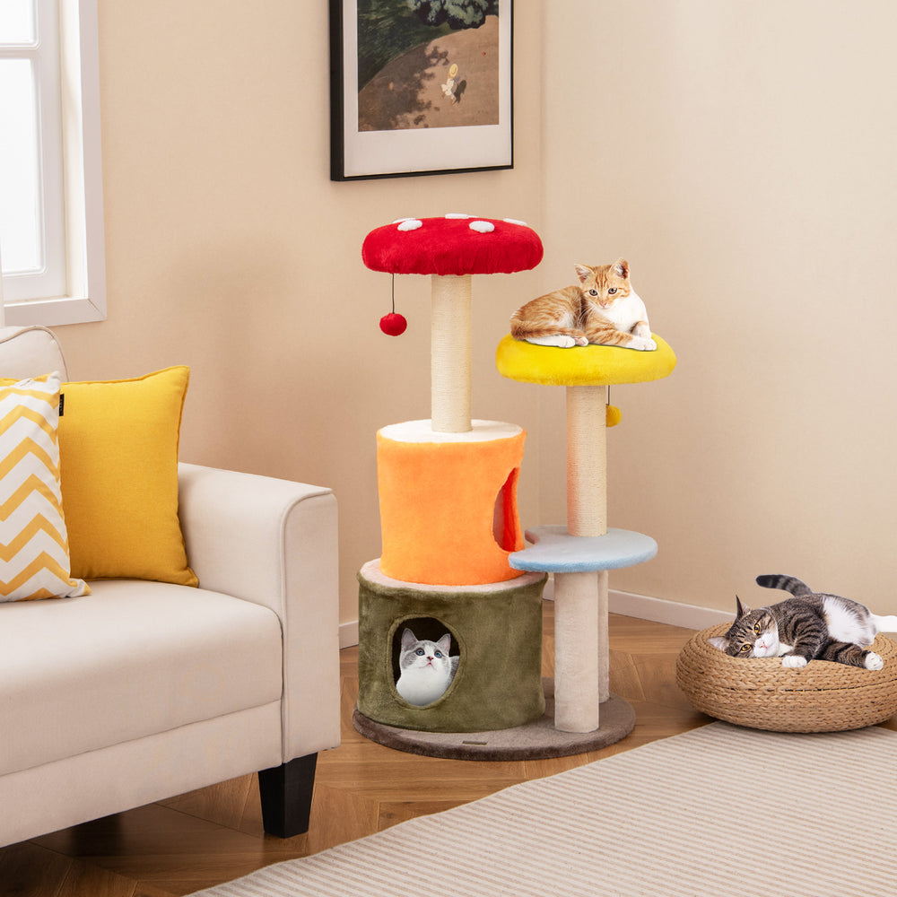 Multicolor 43-inch tall cat tree with two condos, padded platforms, and playful dangling balls for interactive fun.