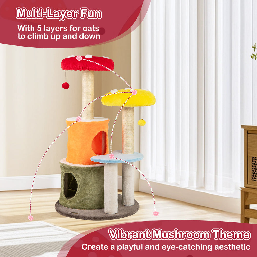 Multicolor 43-inch tall cat tree with 2 condos and padded platforms, featuring a playful mushroom theme for climbing.