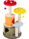 Colorful 43-inch tall cat tree with two condos, padded platforms, and playful mushroom design for climbing and resting.