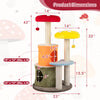 Multicolor 43-inch tall cat tree with two condos, padded platforms, and playful mushroom design for climbing and.