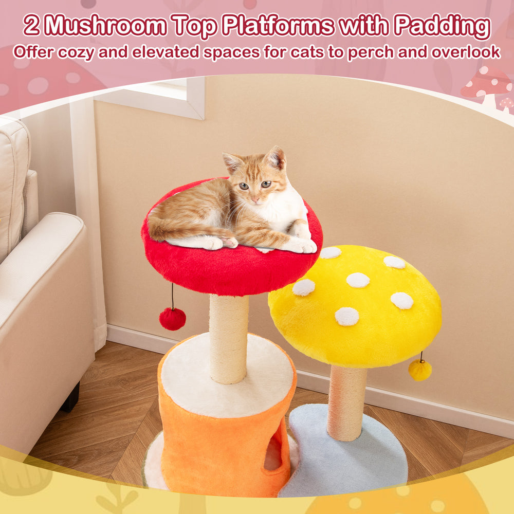 Two colorful mushroom top platforms with padding for cats to perch, featuring cozy spaces and playful dangling balls.