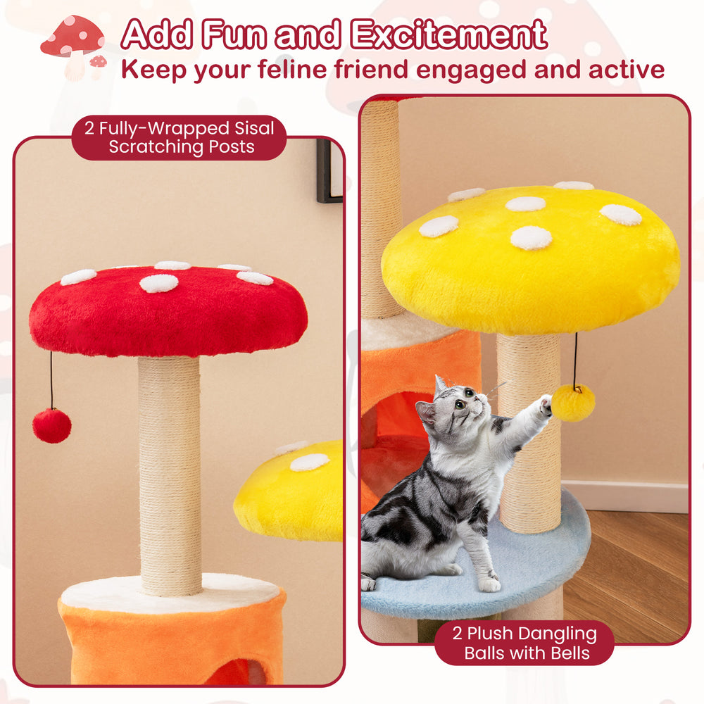 Colorful 43-inch tall cat tree with mushroom design, featuring 2 condos, padded platforms, and dangling balls for play.