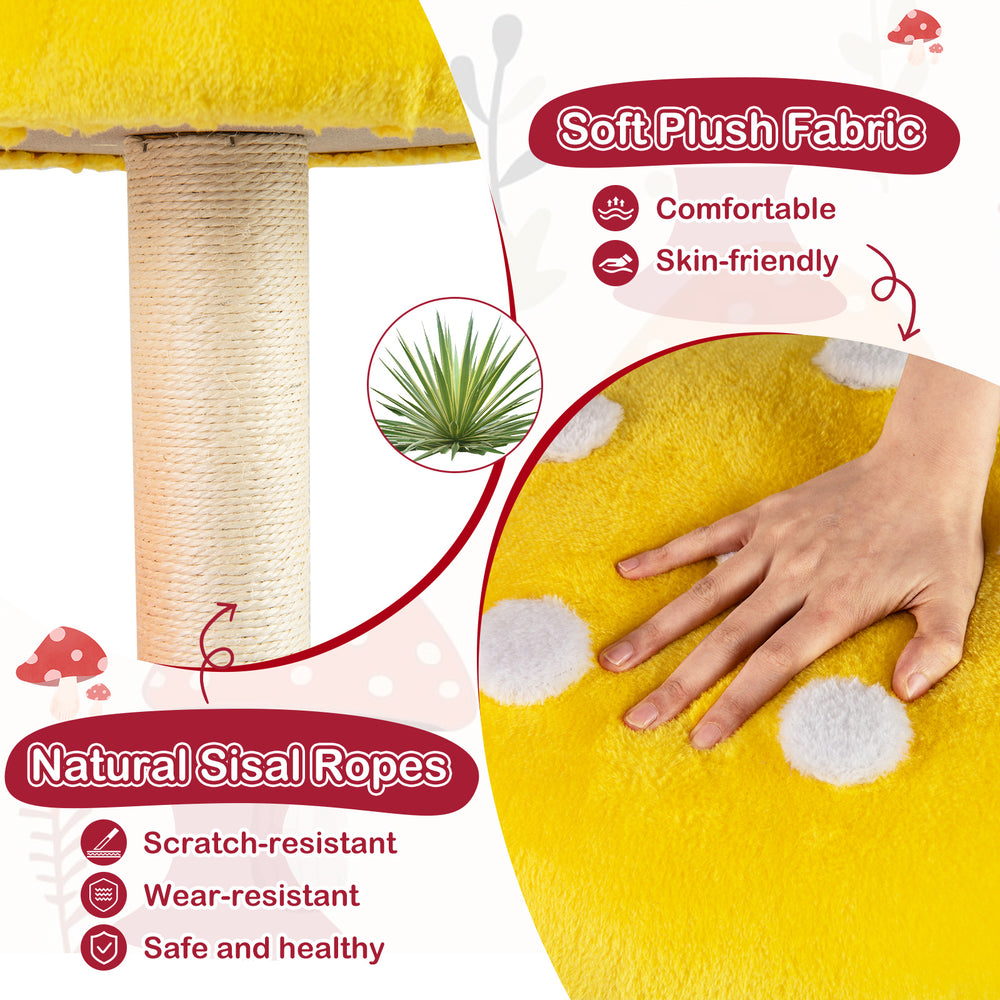 Colorful mushroom-shaped cat tree with plush fabric, natural sisal ropes, and two condos for cozy resting spots.