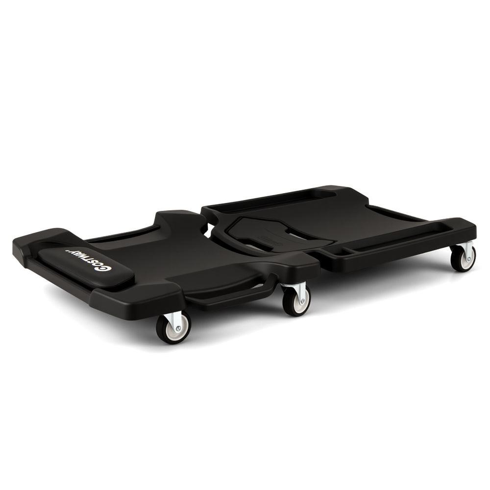 Foldable mechanic creeper with padded headrest and tool trays, supports 350 lbs, features low-noise casters for easy.