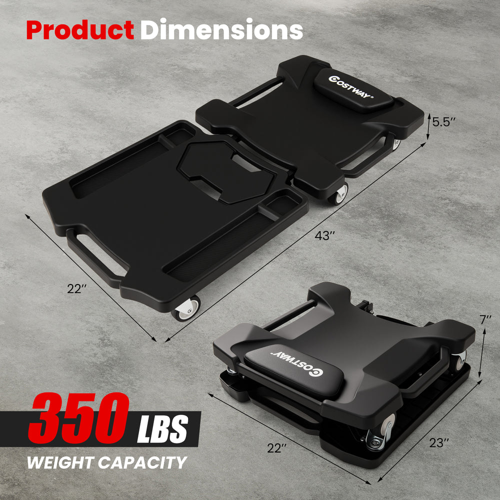 Foldable mechanic creeper with padded headrest, 350 lbs capacity, and tool trays, shown in dimensions on a concrete.