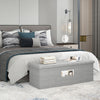 Light gray folding storage ottoman bench with padded seat, 43 inches, ideal for bedroom or living room organization.