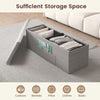 Light gray folding storage ottoman bench with padded seat, featuring ample storage for cushions, blankets, and clothes.