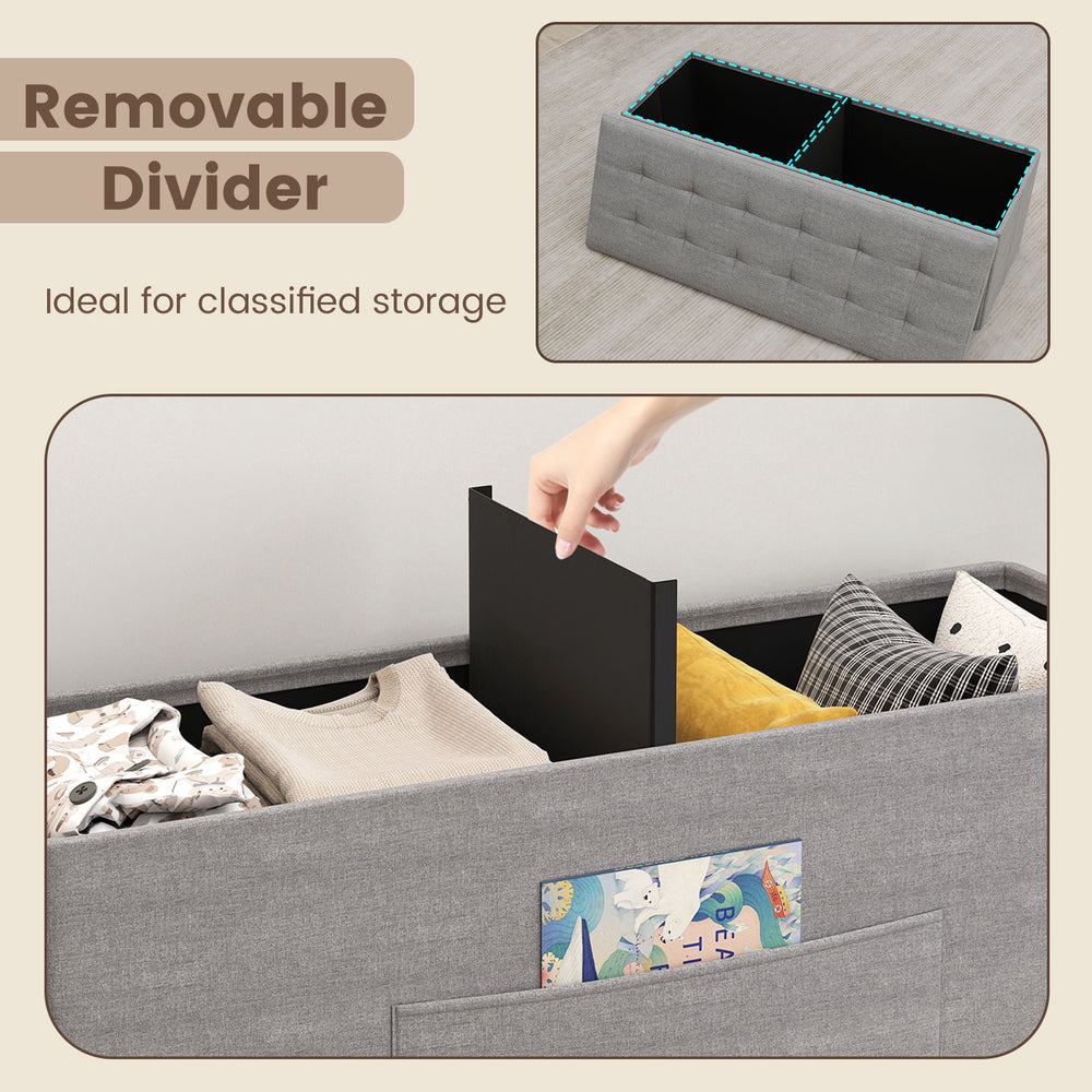 Light gray 43-inch folding storage ottoman bench with removable divider, ideal for classified storage and versatile use.