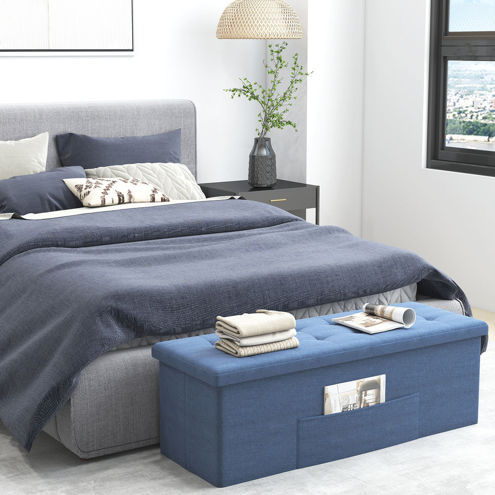 43 Inches Folding Storage Ottoman Bench Linen End of Bed Bench with Padded Seat-Navy - Gallery View 1 of 10
