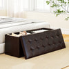 Brown folding storage ottoman bench with tufted design, 38-gal capacity, and removable divider for organized storage.