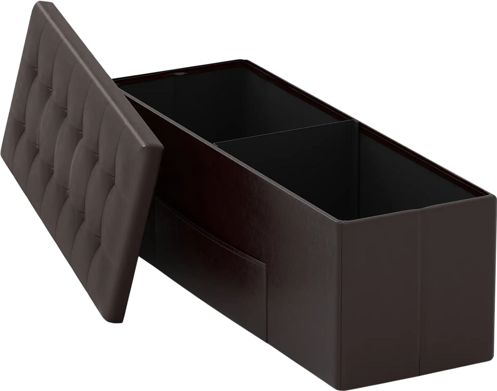 Brown folding storage ottoman bench with removable divider and side pocket, ideal for bedroom or living room.