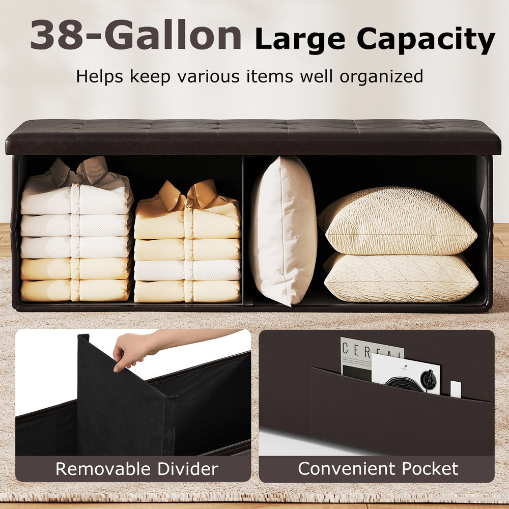 Folding storage ottoman bench in brown with 38-gallon capacity, removable divider, and side pocket for easy.