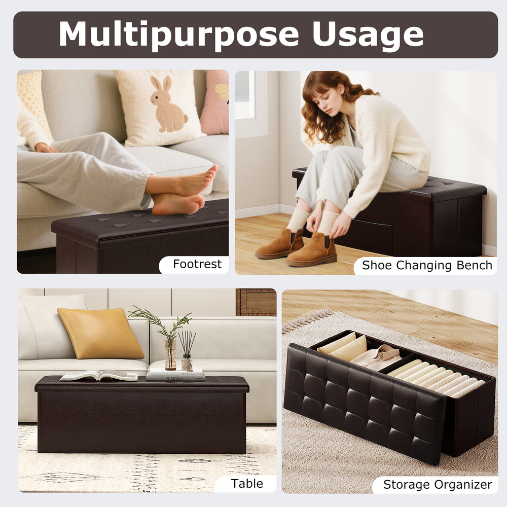 Folding storage ottoman bench in brown, featuring a removable divider and 38-gal capacity for versatile use in any room.
