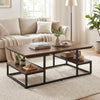 Rectangle coffee table in rustic brown with open shelves and metal frame, perfect for living room organization.