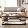 Rectangle coffee table in rustic brown with open shelves, metal frame, and storage for magazines in a cozy living room.