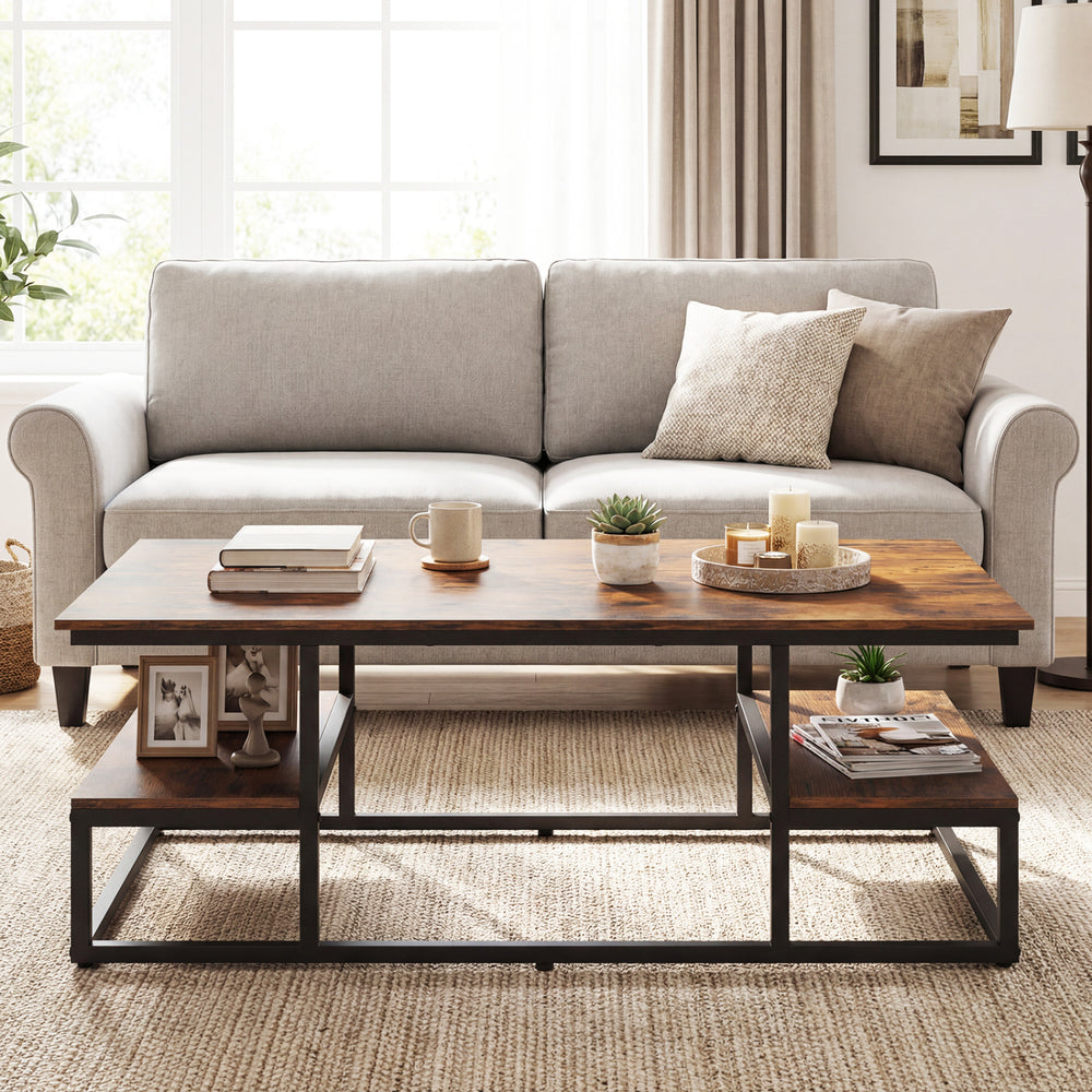 Rectangle coffee table in rustic brown with open shelves, metal frame, and storage for magazines in a cozy living room.