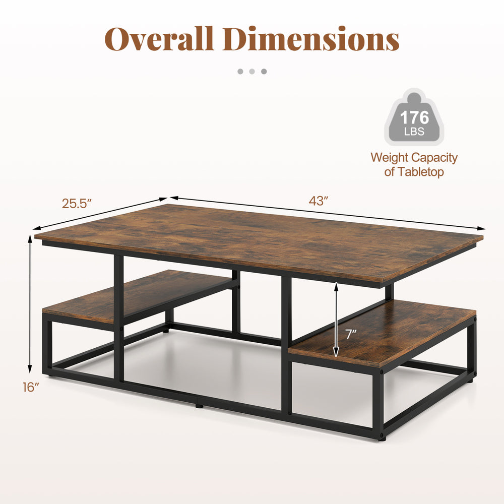 Rectangle coffee table with rustic brown finish, featuring open shelves and a sturdy metal frame, ideal for living room.