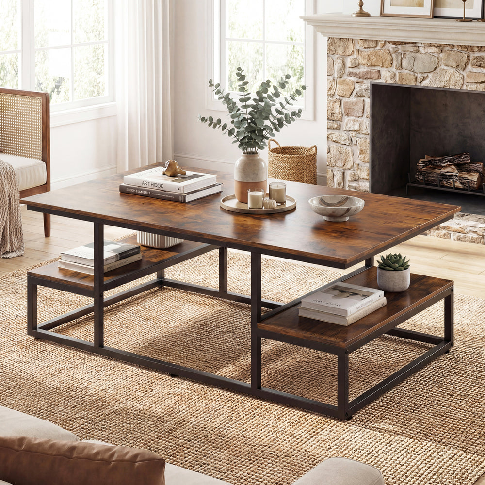 Rectangle coffee table with rustic brown finish, featuring open shelves for storage, ideal for living room use.