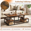 Rectangle coffee table with rustic brown wood grain, featuring open shelves for storage, ideal for living room or.