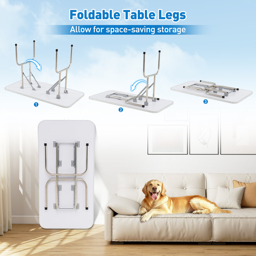 Foldable dog grooming table with height adjustable arms and space-saving legs, ideal for pet care and grooming.