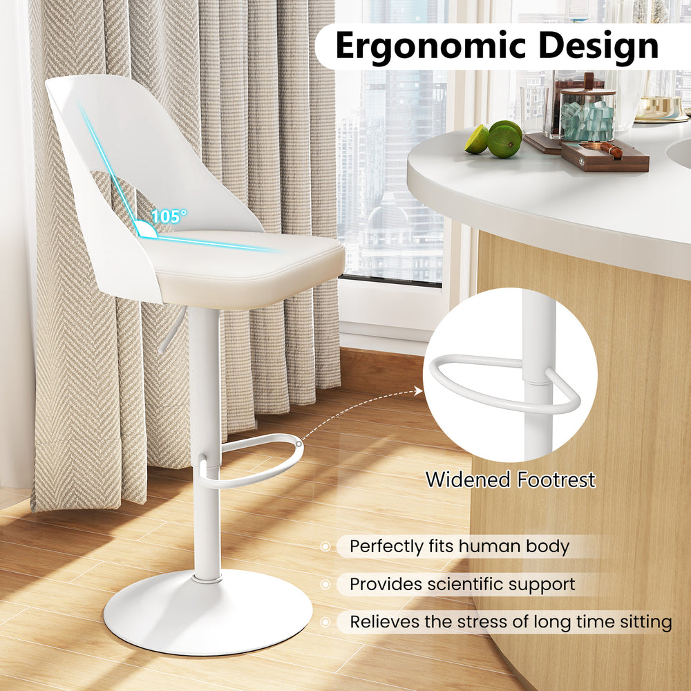 Ergonomic white bar stool with enlarged PU leather seat, 105° backrest angle, and widened footrest for comfort in.