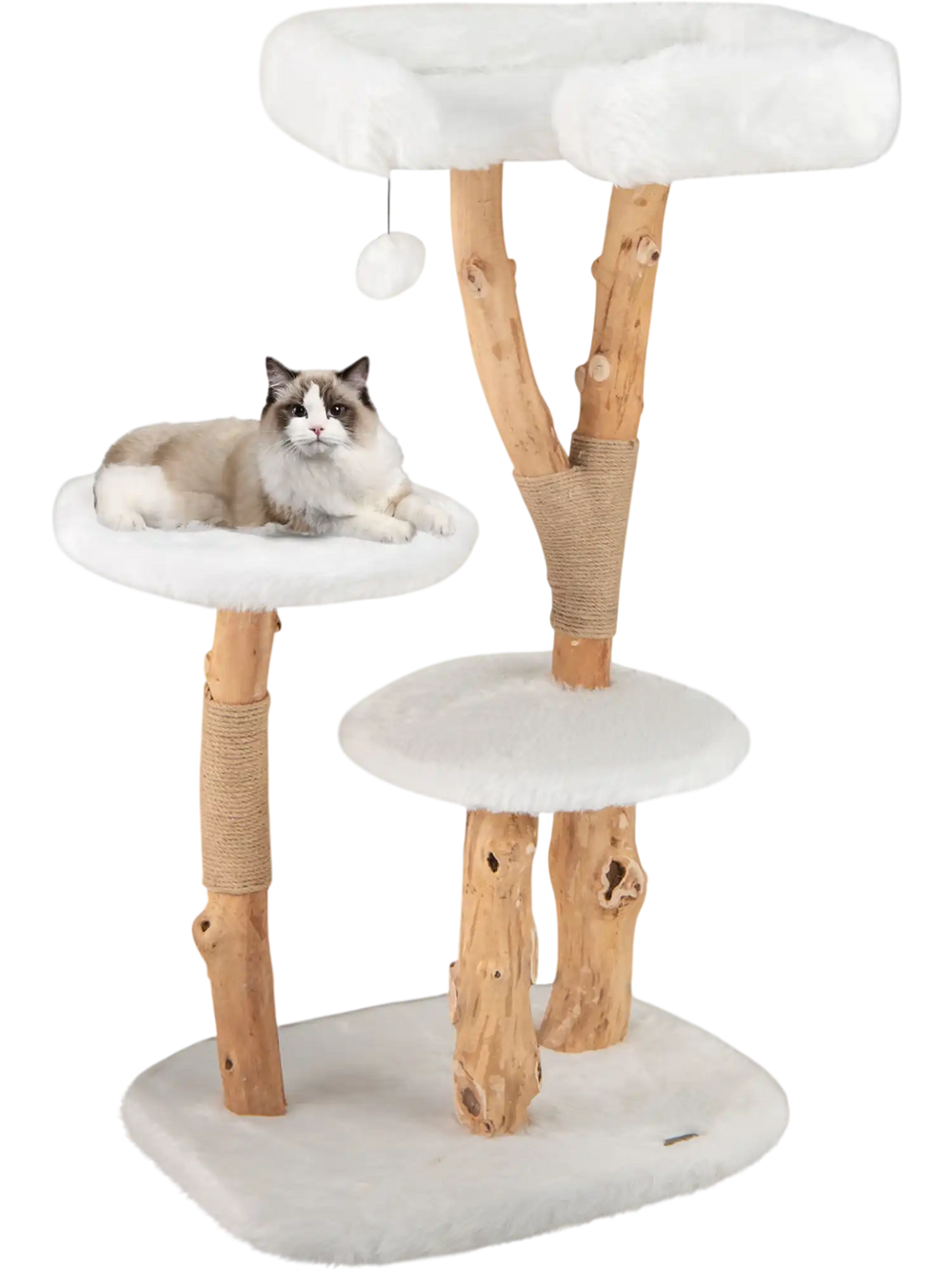 44-inch solid wood cat tree in white with plush perches and natural jute scratching posts for playful cats.