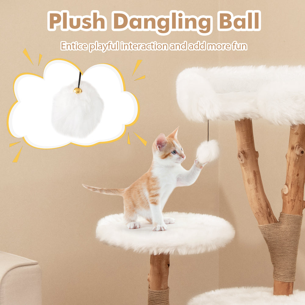 Plush dangling ball on a 44-inch solid wood cat tree, encouraging playful interaction for your cat.