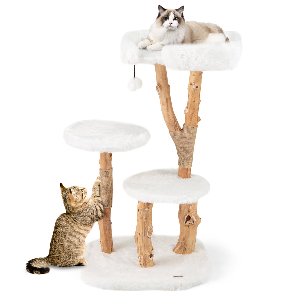 Solid wood cat tree with plush white fabric, natural jute scratching posts, and a top perch for safe lounging.