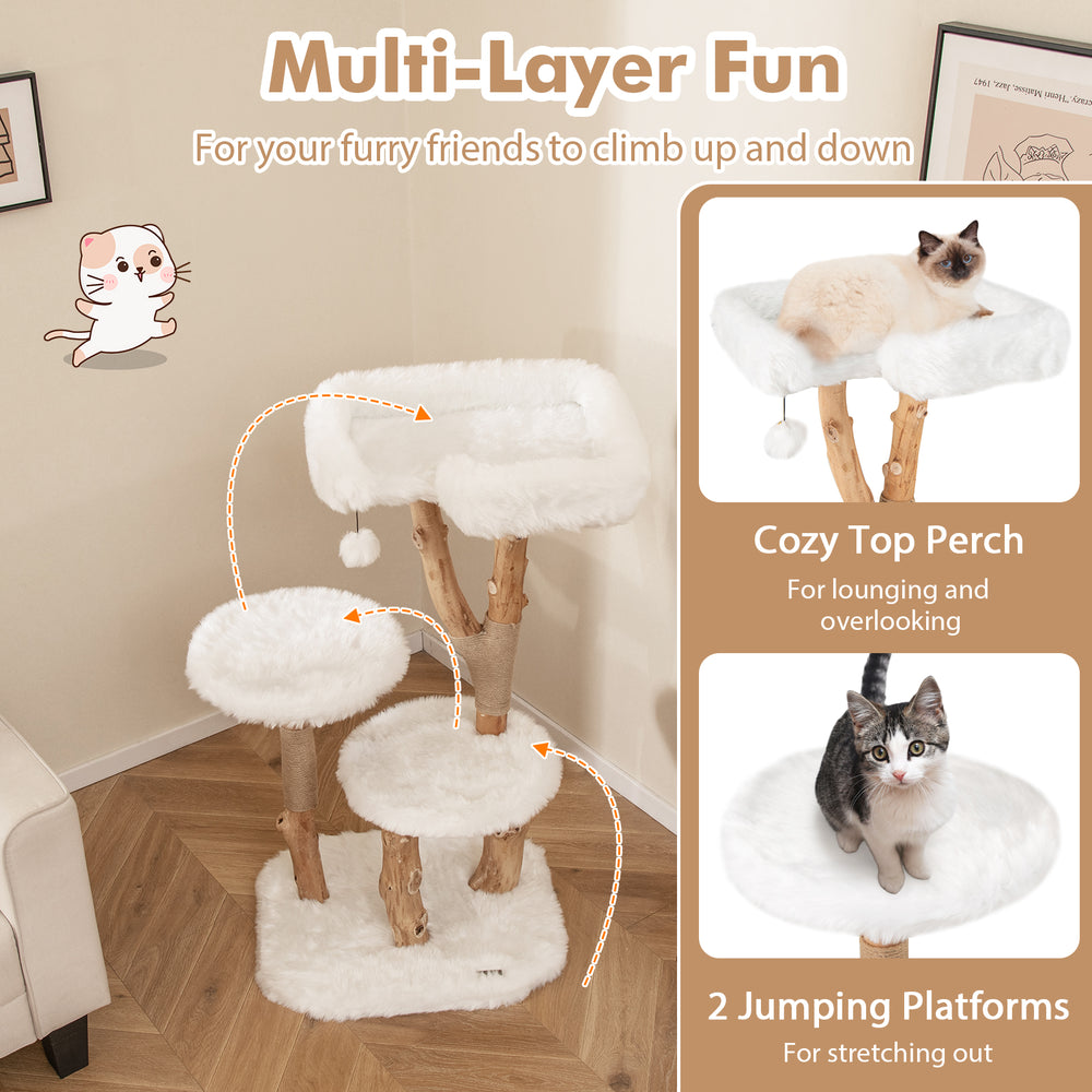 Solid wood cat tree with plush top perch and jute scratching posts, perfect for climbing and lounging.