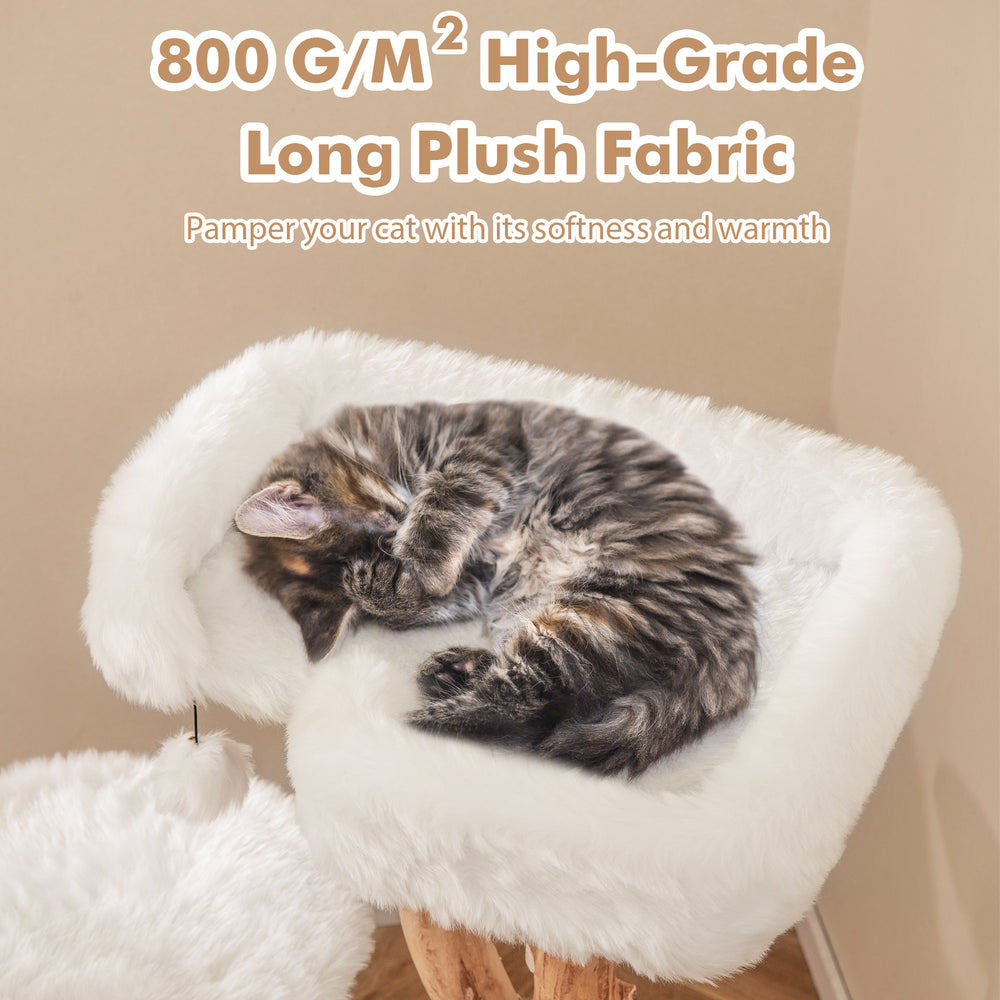 Solid wood cat tree with plush fabric perch, natural jute scratching posts, and a playful dangling ball for comfort.