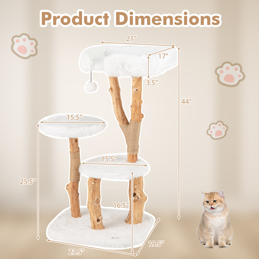 44-inch solid wood cat tree with natural jute scratching posts and plush perch, ideal for playful and cozy cat lounging.