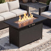 Detail view of the 44.5-inch propane fire pit table showing the premium PE rattan texture and stainless steel burner.