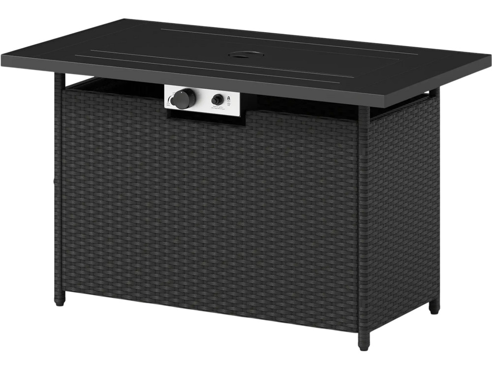 Side view of the 44.5-inch black and gray propane fire pit table, displaying the magnetic door catch and internal tank.