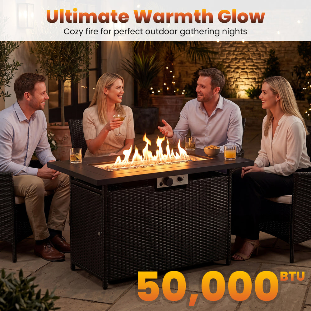 44.5-inch black and gray propane fire pit table with stainless steel burner, perfect for cozy outdoor gatherings.