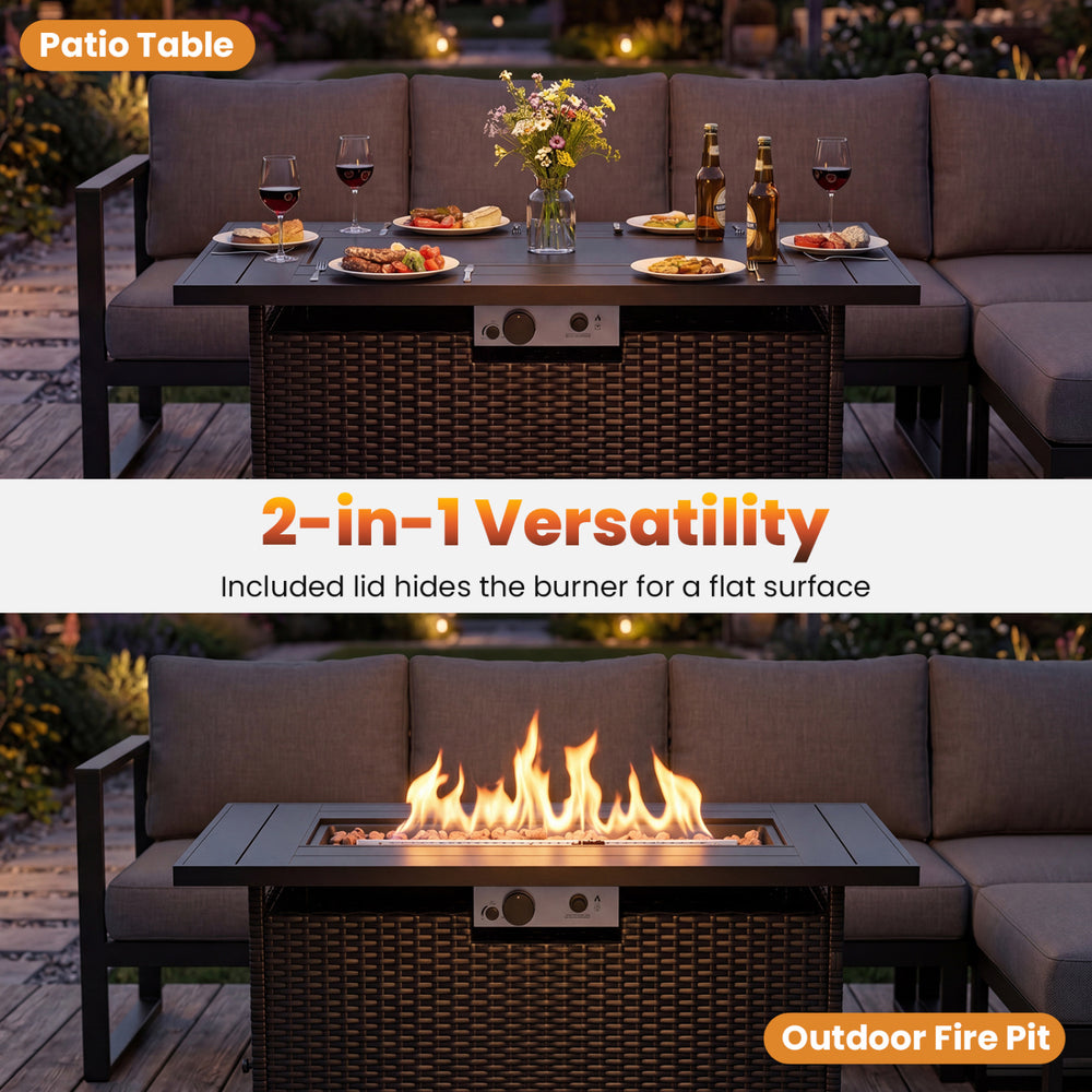 44.5-inch black and gray propane fire pit table with stainless steel burner, versatile for dining or cozy outdoor.