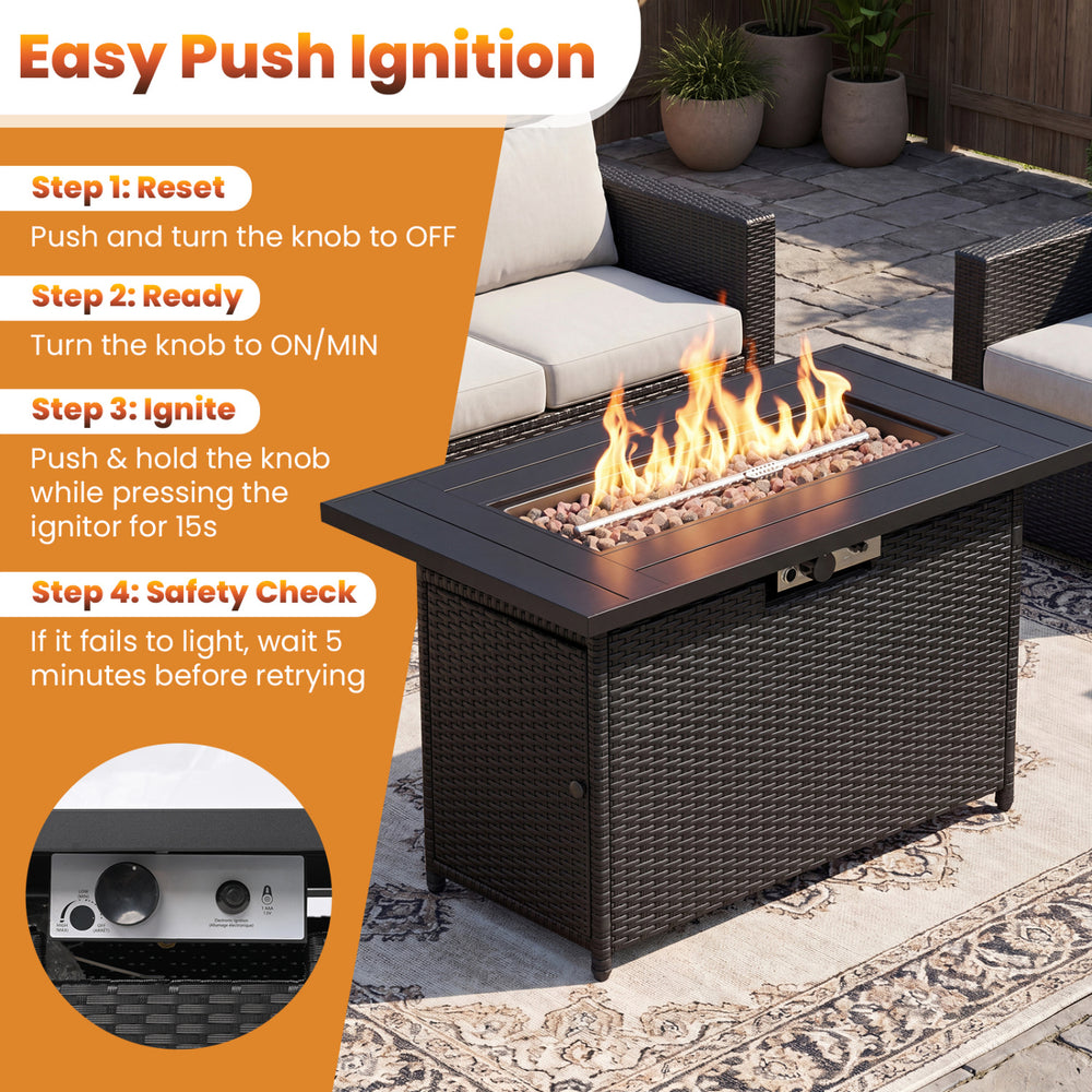 44.5-inch black and gray propane fire pit table with stainless steel burner, ideal for outdoor gatherings and dining.