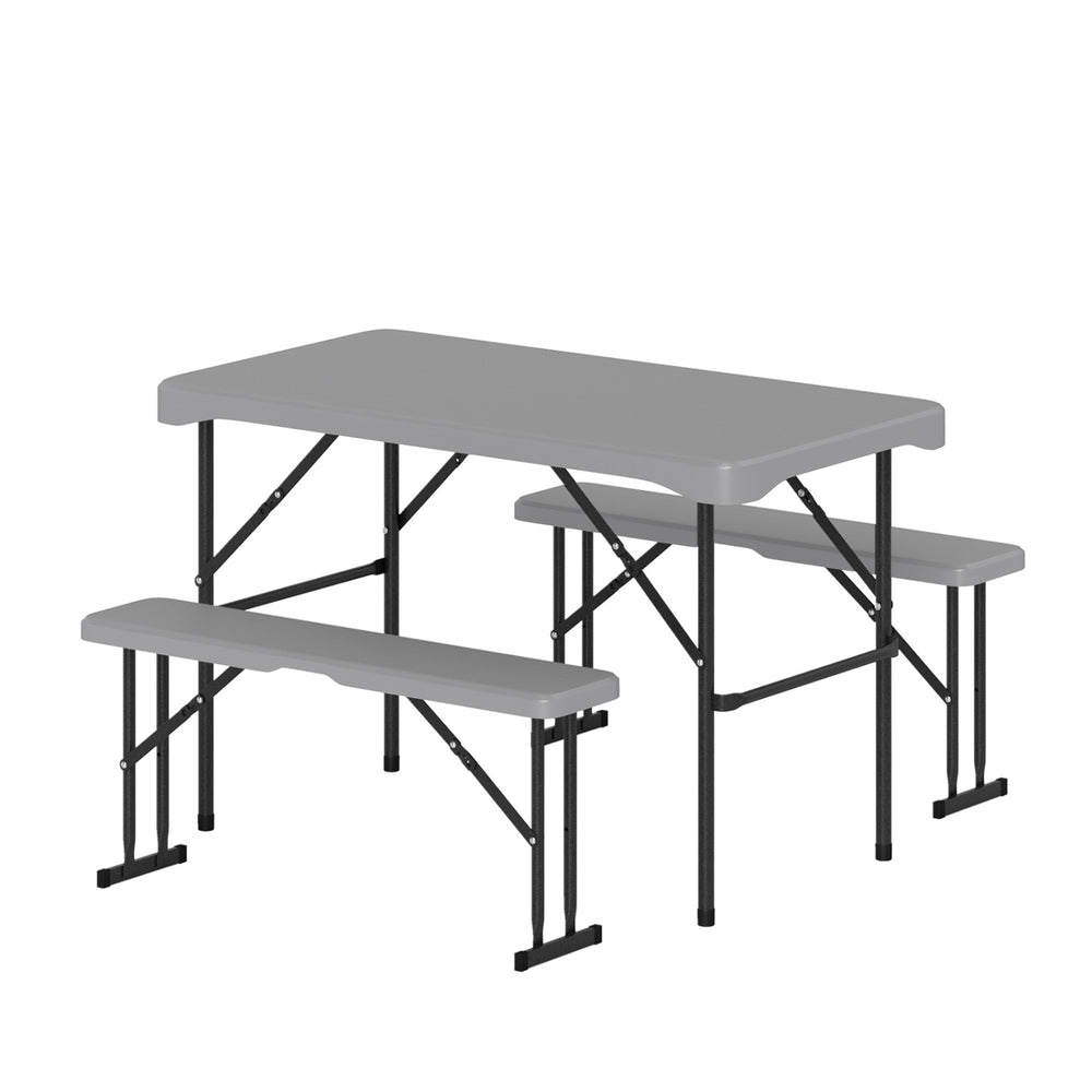 Gray 44" HDPE folding picnic table set with two benches, featuring a sturdy metal frame and compact storage design.