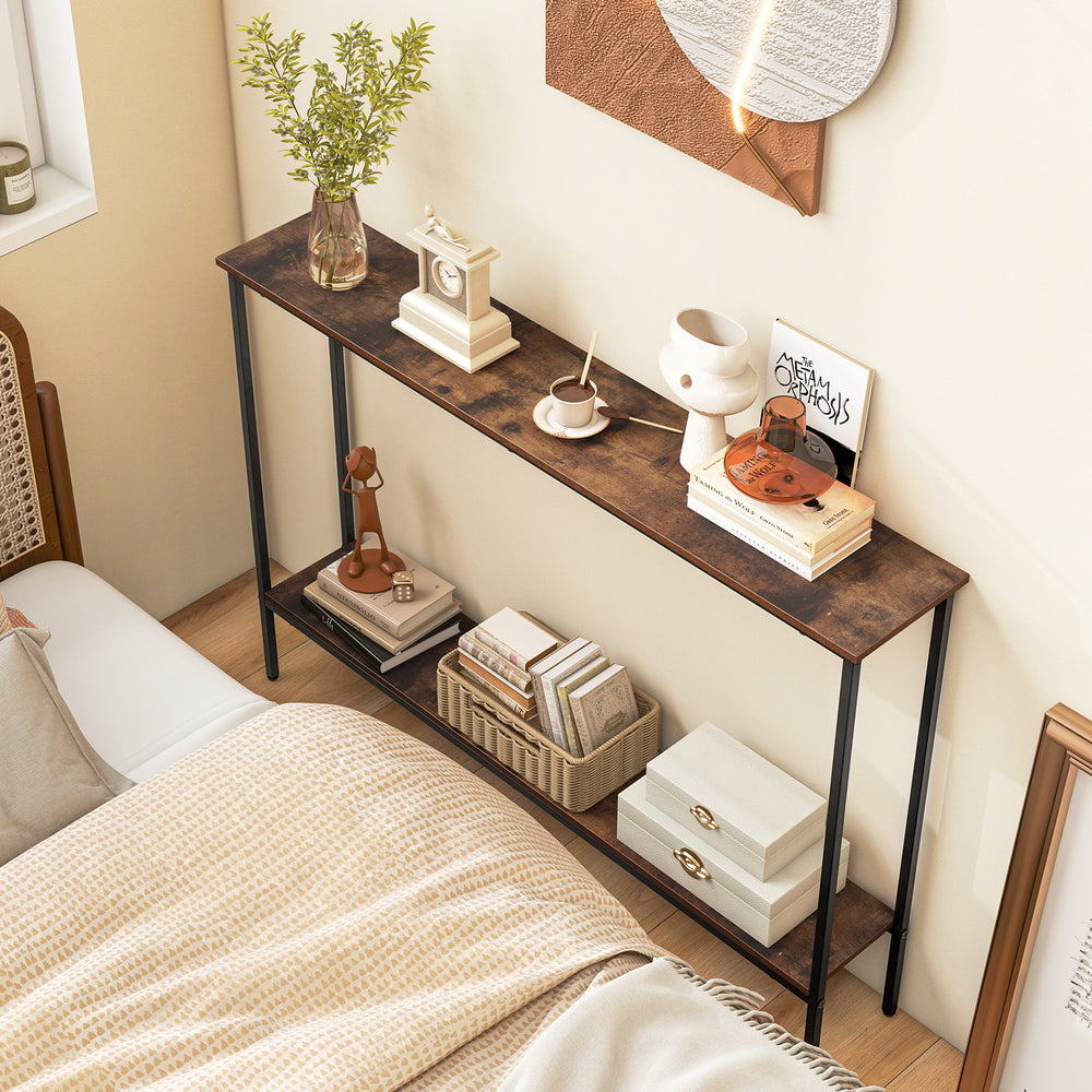 Rustic brown 44-inch console table with shelf, featuring a metal structure, perfect for living rooms and narrow spaces.