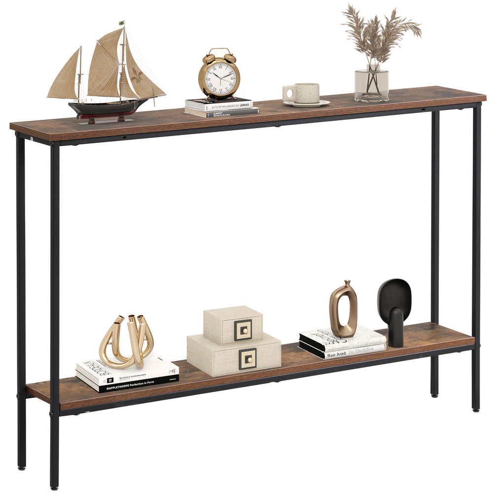 Rustic brown 44-inch console table with metal structure and dual anti-tipping kits, ideal for living room or entryway.
