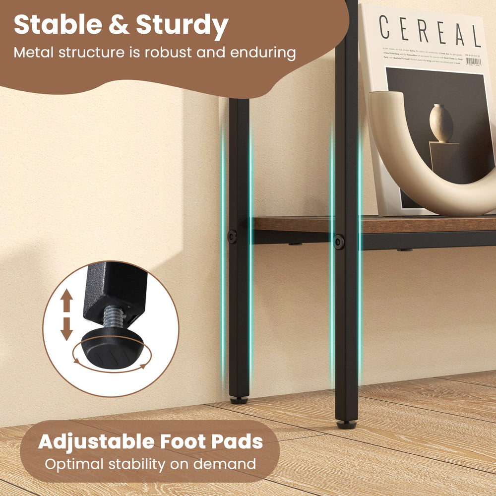 44-inch console table in rustic brown with adjustable foot pads and dual anti-tipping kits for enhanced stability.