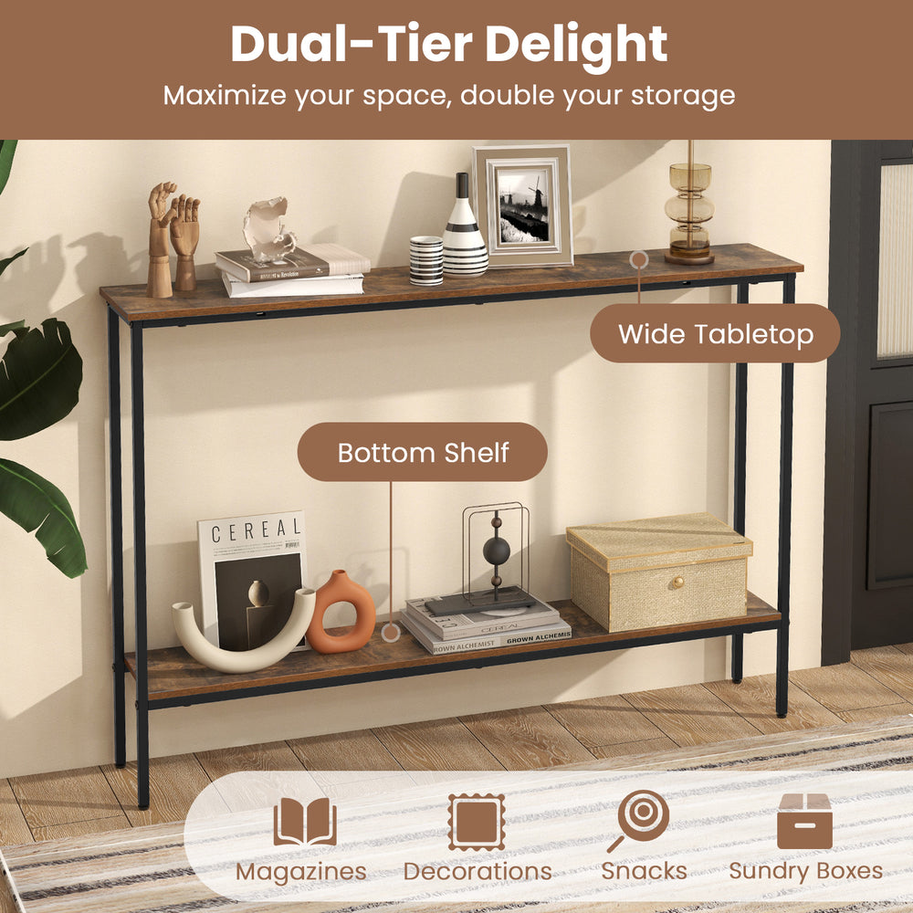 Rustic brown 44-inch console table with wide tabletop and bottom shelf, ideal for living room or entryway storage.