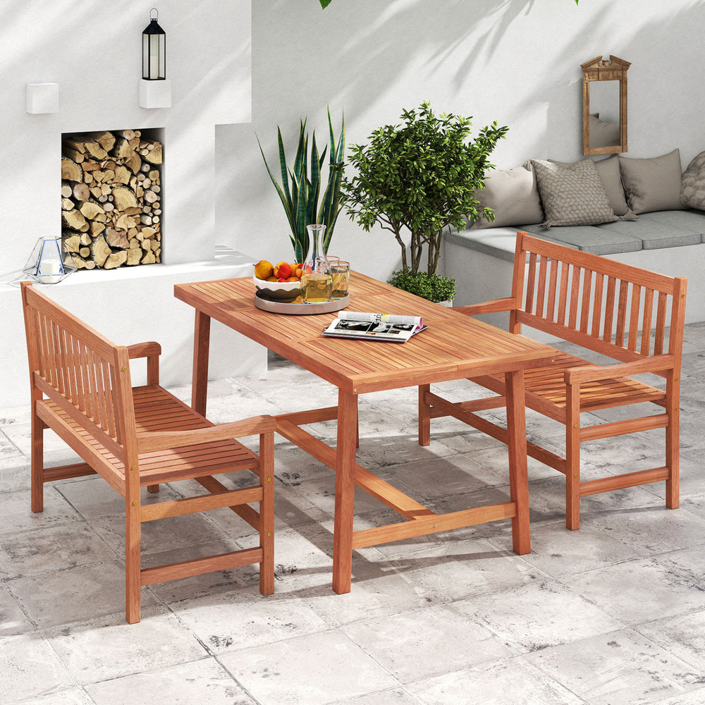 Outdoor 44-inch loveseat bench with solid wood frame, teak oil finish, and slatted design for backyard relaxation.