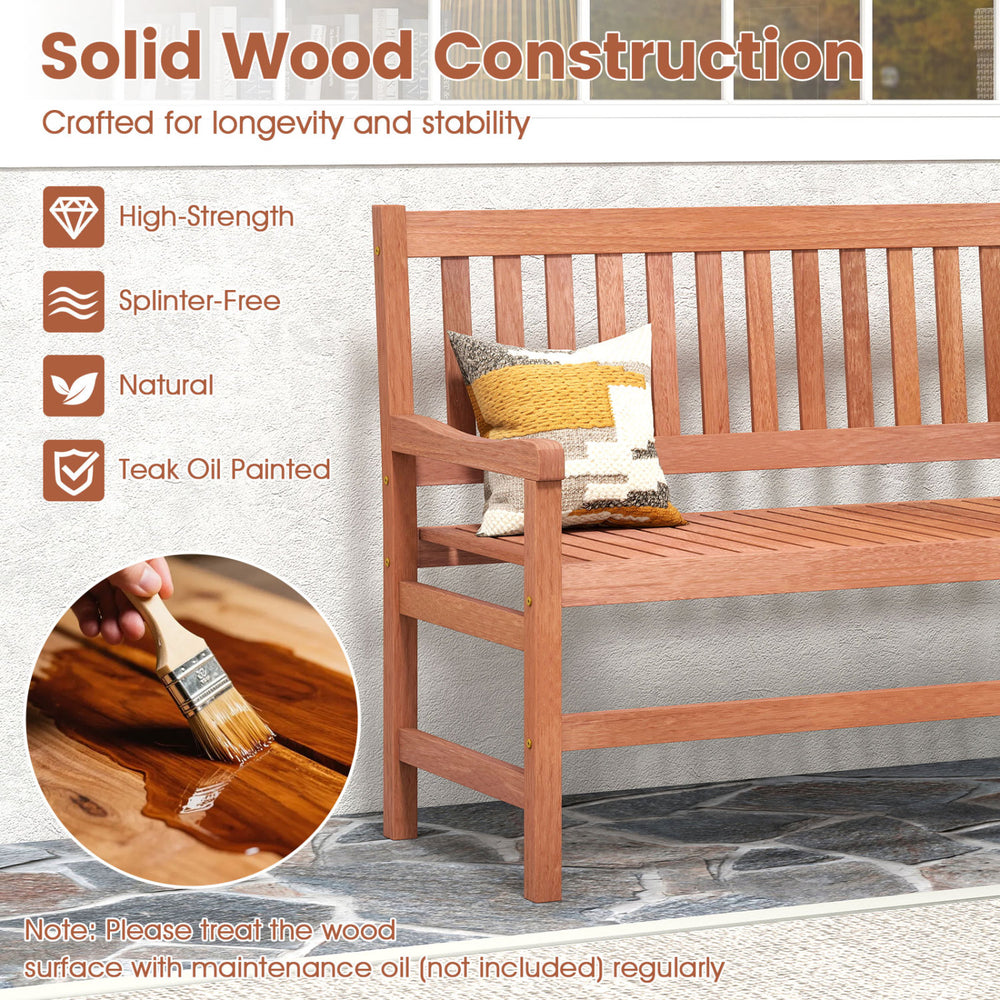 44-inch solid wood loveseat bench with teak oil finish, slatted design, and comfortable seating for two adults.
