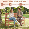 Two-seat outdoor loveseat bench with solid wood frame, 41.5-inch seat width, and natural teak oil finish for backyard.