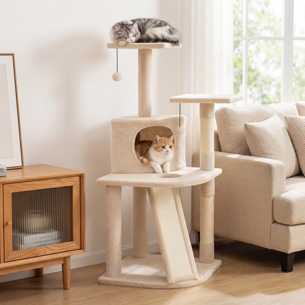 Cat tree featuring a beige 44-inch tower with a condo, two plush perches, and sisal-wrapped scratching posts for play.