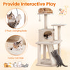 44-inch tall beige kitten tower featuring 2 plush perches, condo, and interactive dangling balls for playful cats.