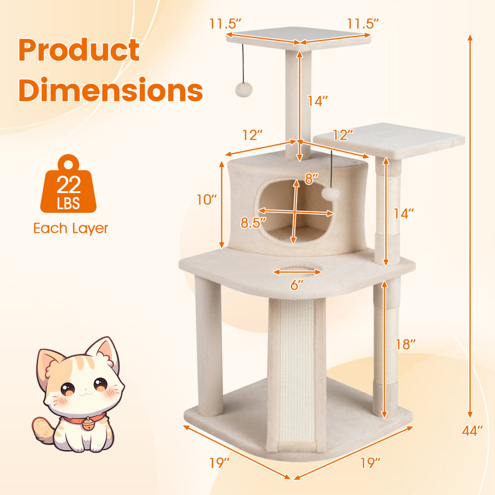 44-inch tall kitten tower in beige with condo, two plush perches, and sisal-wrapped scratching posts for active play.